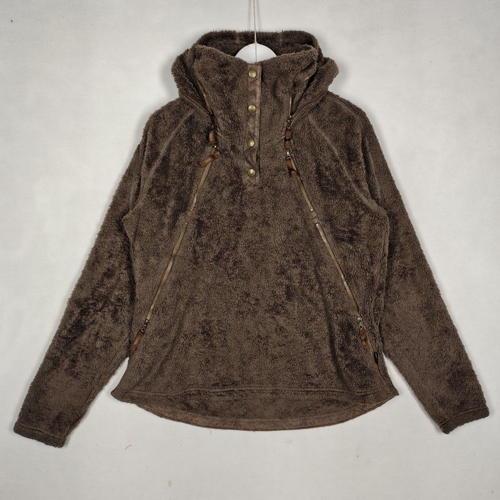 Kuhl Hooded Fleece Pullover Jacket XL Brown Snap Neck Side Zip 000800847072